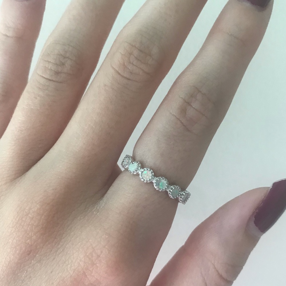 925 Sterling Silver Round White Opal Eternity Ring - Picture 4 of 5
